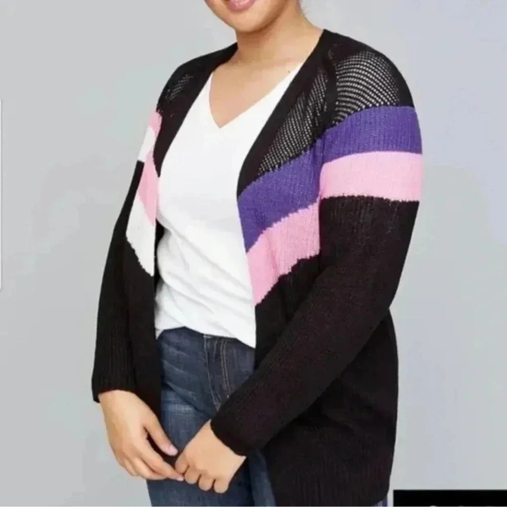 Lane Bryant Mesh Plus Size 14 16 Open Front Cardigan Black Purple Career Office